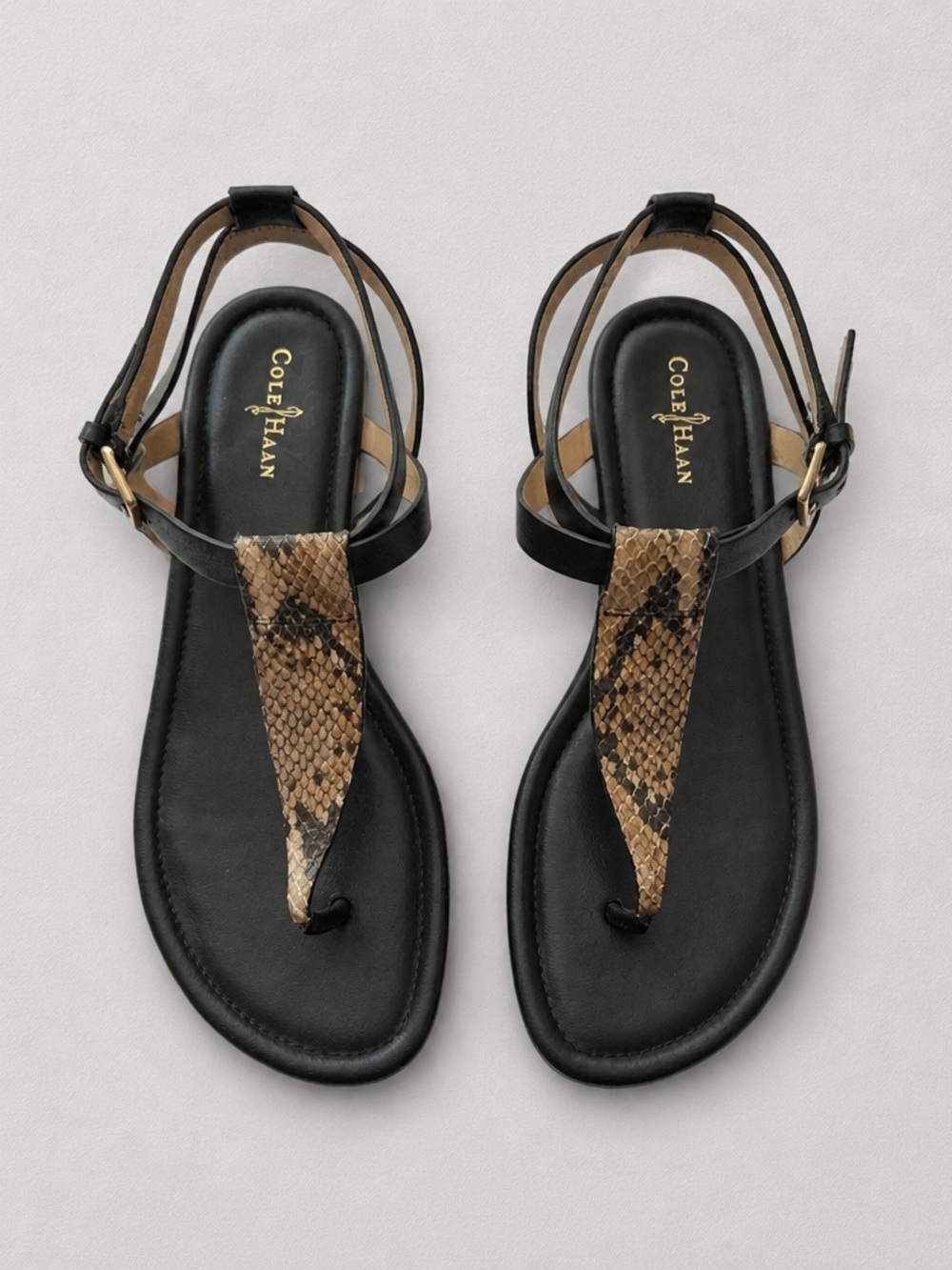 Cole Haan Black Genuine Leather Sandals with Brown Snake-Print Thong Strap
